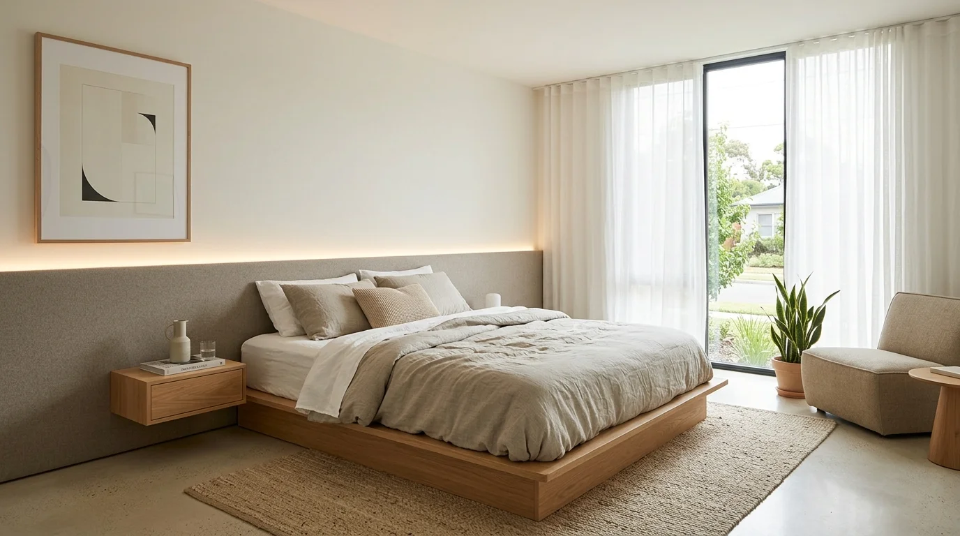 Minimalist bedroom with neutral tones, platform bed, hidden lighting, and uncluttered decor for calm contemporary comfort no people