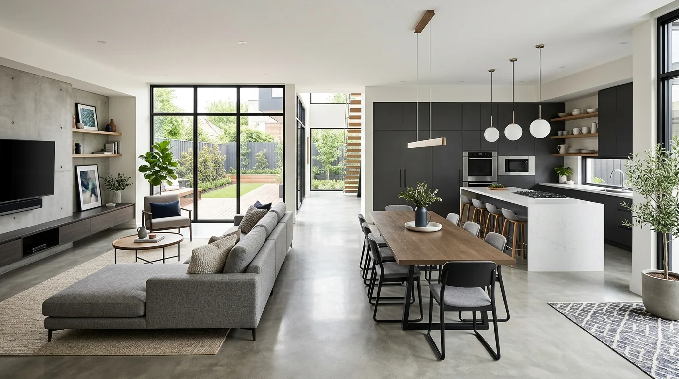 Contemporary open-plan home with connected living dining kitchen areas, sleek furniture, and cohesive color palette for functional modern living no people