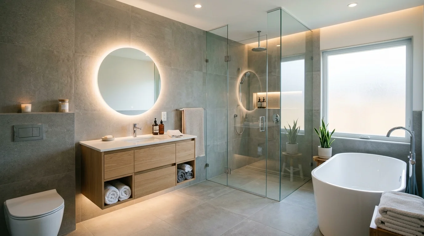 Modern bathroom with floating vanity, frameless glass shower, large tiles, and soft lighting for spa-like contemporary feel no people