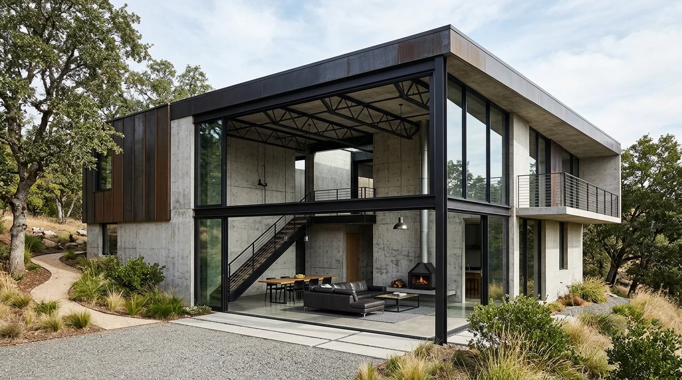 Industrial contemporary home with exposed concrete, metal accents, large windows, and minimalist furnishings for edgy modern aesthetic no people