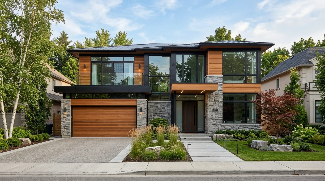 Contemporary home exterior with mixed materials like wood, stone, and glass for balanced modern curb appeal no people