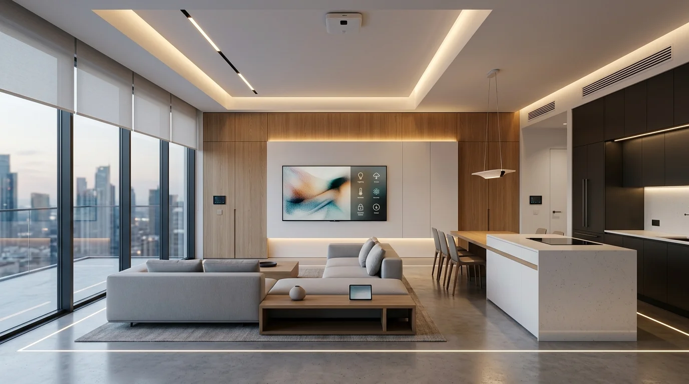 Smart home interior with integrated technology, automated lighting, hidden storage, and clean design for futuristic contemporary living no people