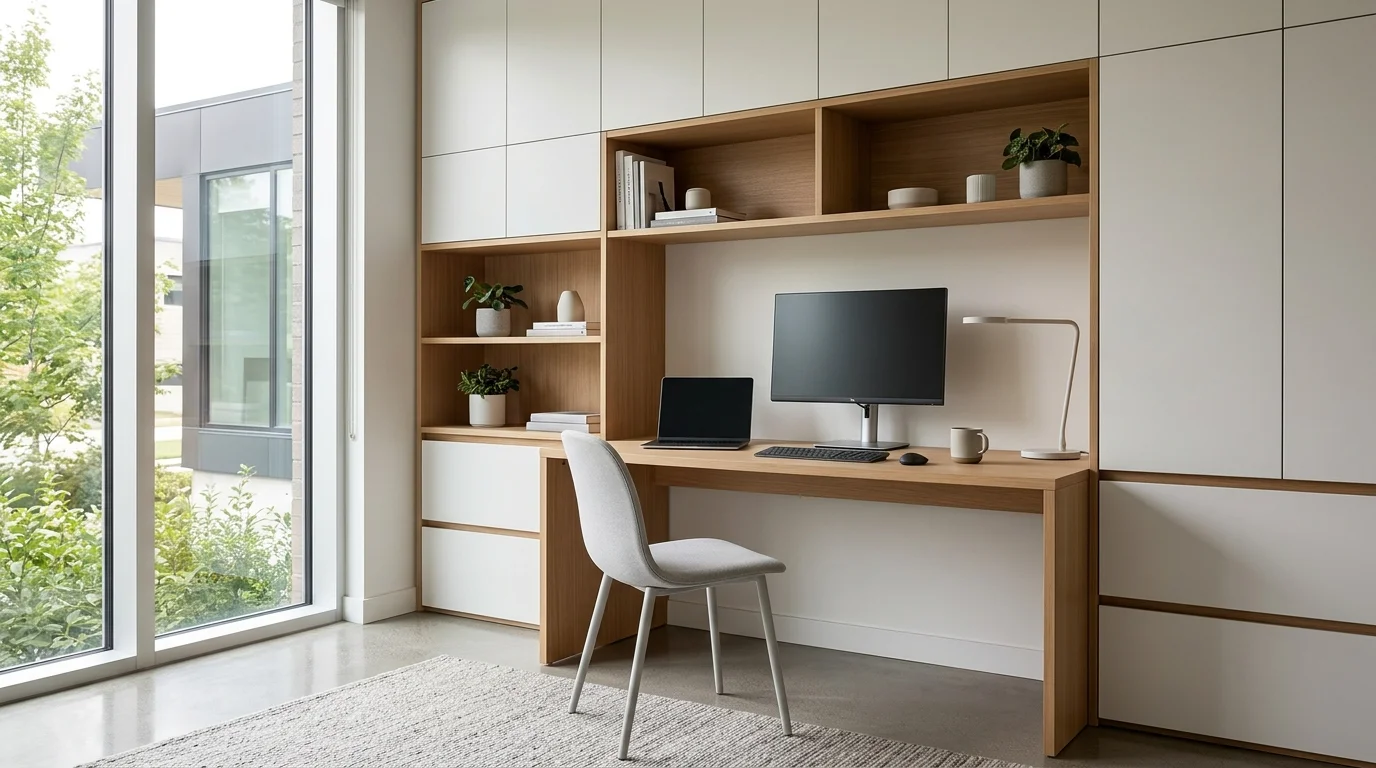 Contemporary workspace with minimalist desk, built-in storage, neutral tones, and natural light for productive modern environment no people