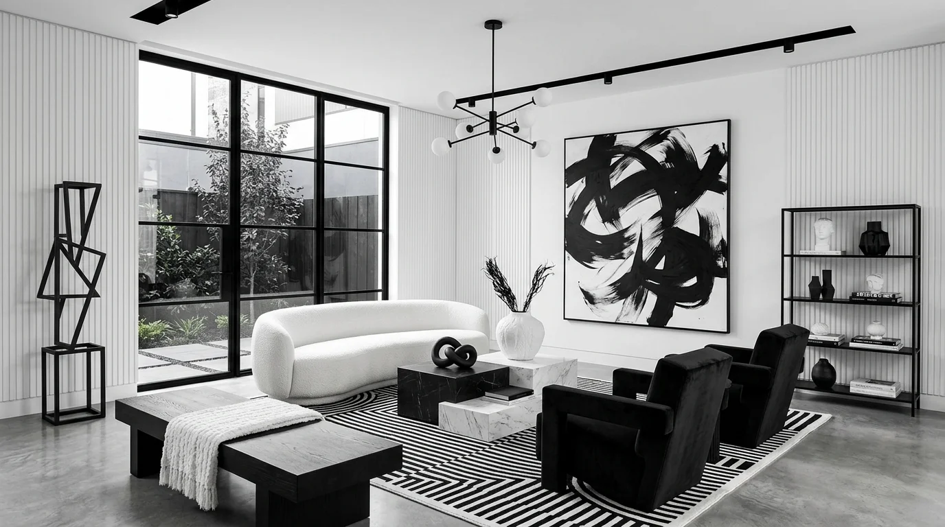 Monochrome contemporary living room with black white palette, sculptural furniture, and artistic decor for bold modern style no people