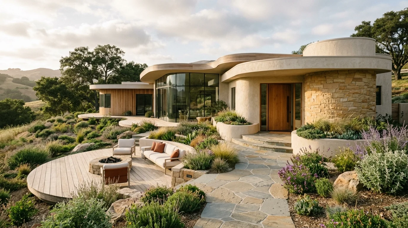 Contemporary home with soft curves, organic shapes, and warm textures for a modern yet inviting living experience no people