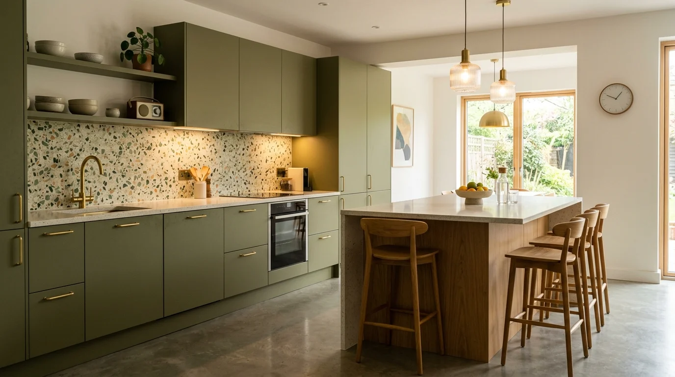 A sleek kitchen with a retro color palette featuring muted olive green cabinets, terrazzo backsplash, wooden bar stools, minimalist decor, warm ambient lighting, angled perspective, no people