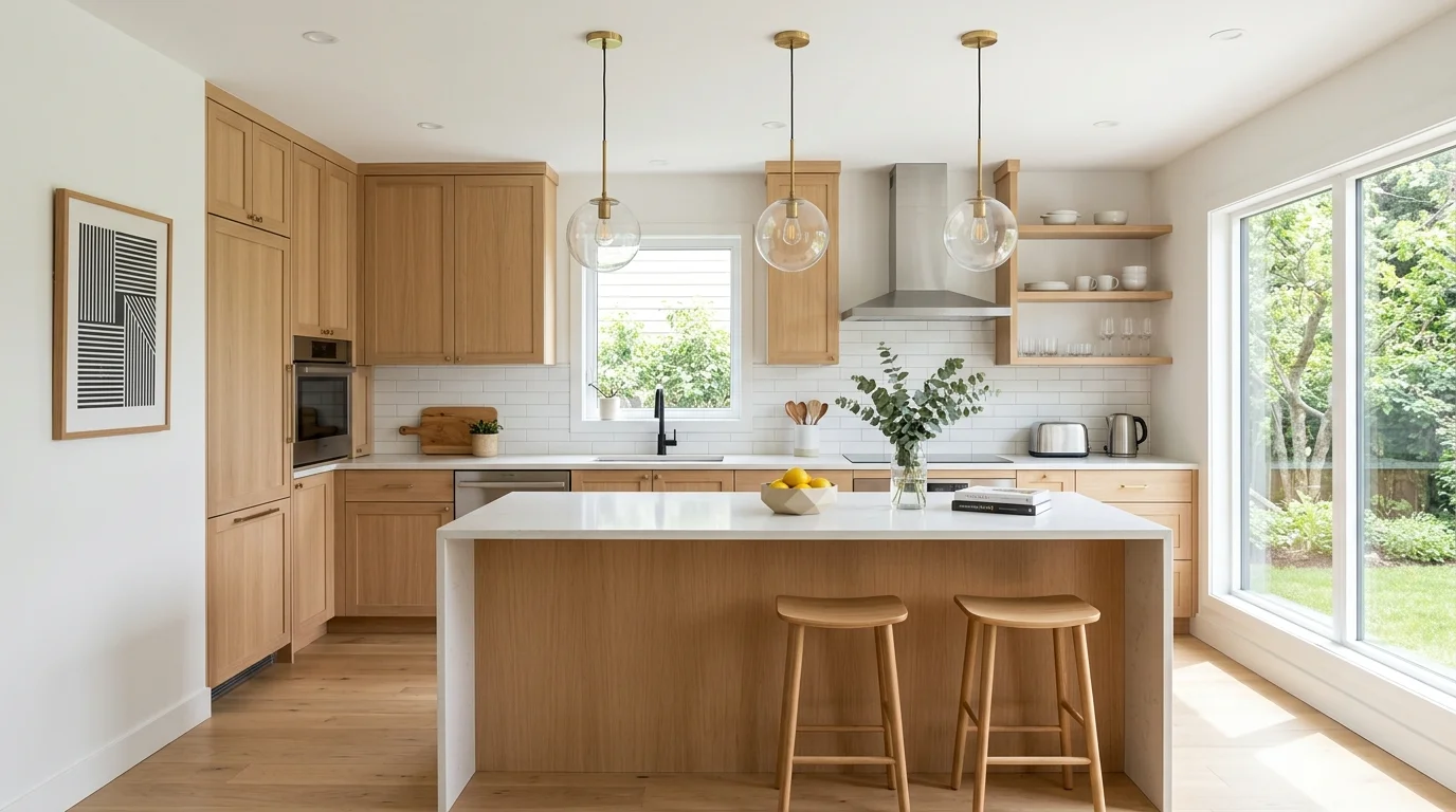 A bright open kitchen with light wood cabinetry, white walls, pendant globe lights, simple geometric decor, airy atmosphere, natural sunlight, straight-on wide composition, no people
