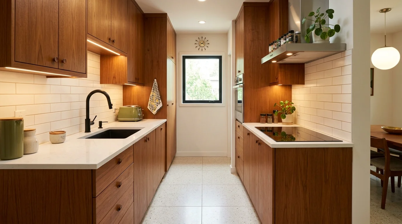 A compact mid century modern kitchen with a galley layout, teak cabinets, matte black fixtures, subtle retro accents, soft under-cabinet lighting, slightly angled shot, no people
