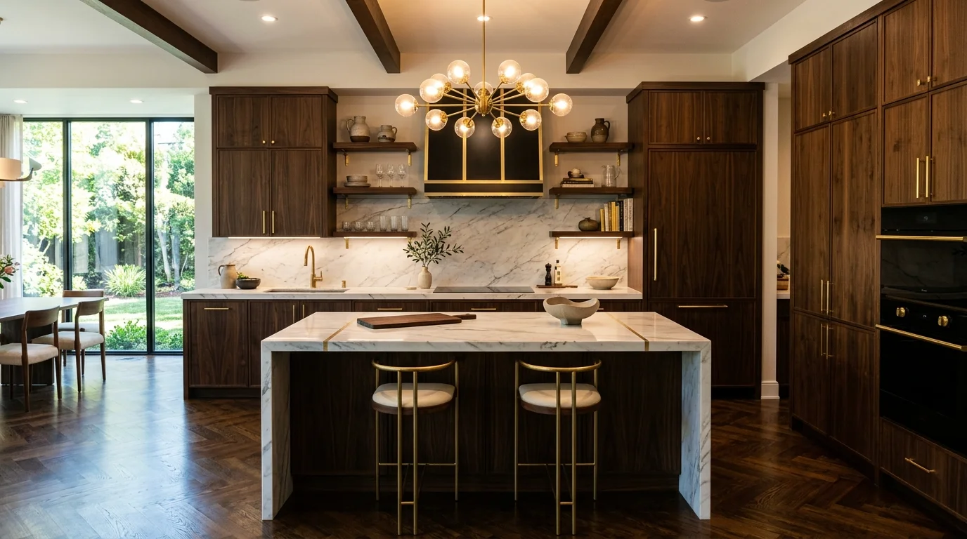 A luxury mid century kitchen with rich dark wood cabinetry, marble countertops, gold accents, clean minimal decor, warm sophisticated lighting, symmetrical composition, wide-angle shot, no people