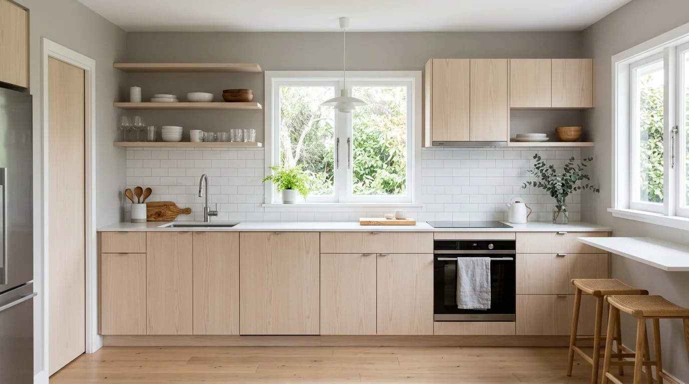 A Scandinavian-inspired mid century kitchen with pale wood cabinets, white surfaces, soft gray accents, simple decor, diffused natural lighting, calm atmosphere, straight-on shot, no people