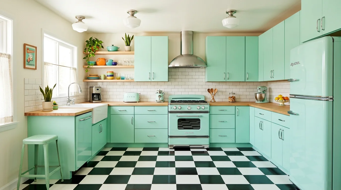 A retro-modern kitchen with mint green cabinets, checkerboard flooring, chrome details, nostalgic yet sleek styling, bright overhead lighting, slightly elevated angle, no people