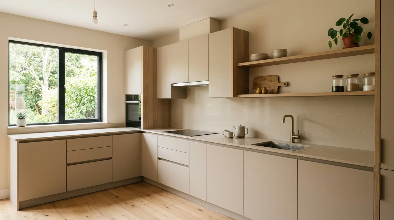 A minimalist mid century kitchen with handleless cabinets, neutral beige tones, subtle wood textures, clean uncluttered surfaces, soft daylight, eye-level composition, no people