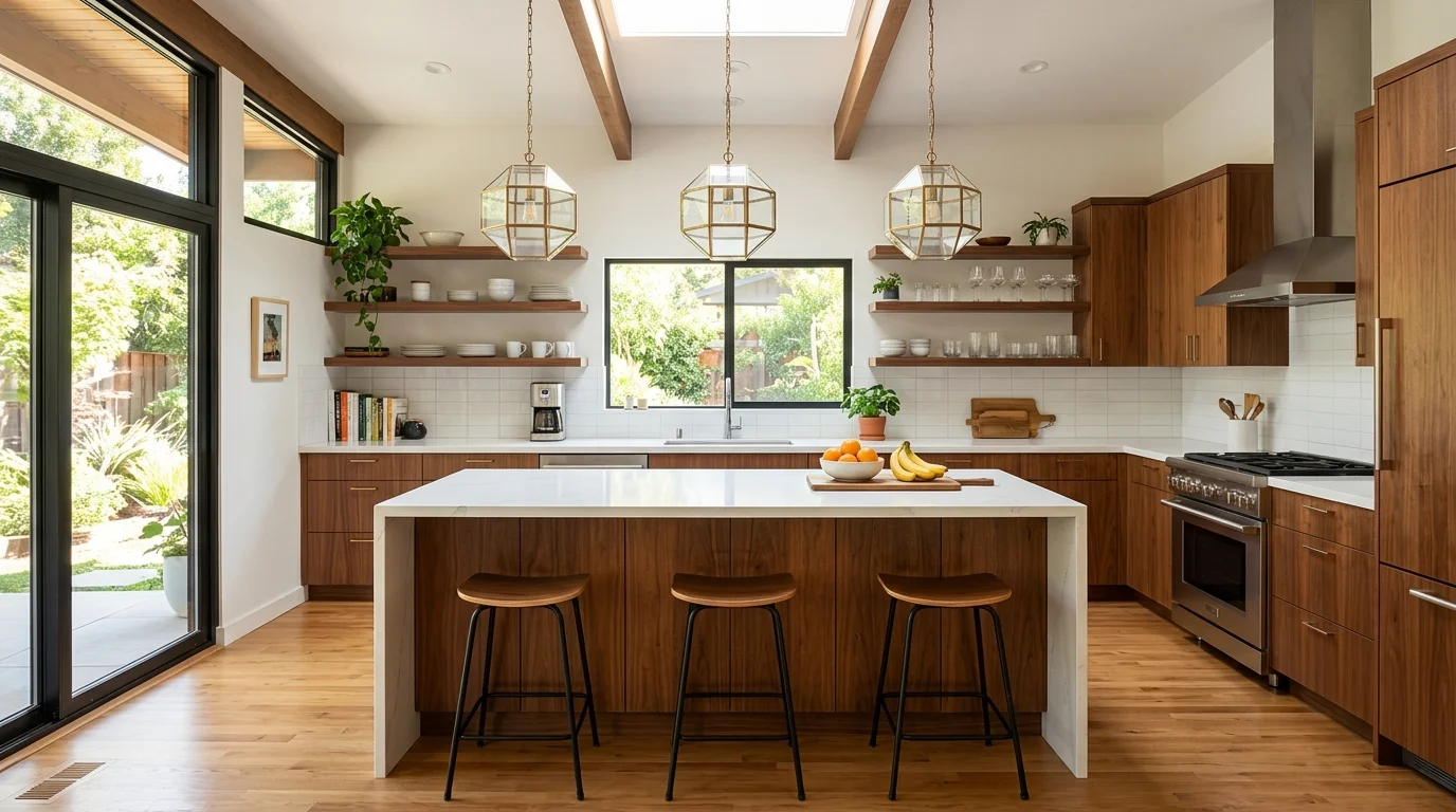 A mid century modern kitchen with a central island in warm wood finish, white countertops, pendant lights above, balanced proportions, bright natural lighting, wide-angle perspective, no people
