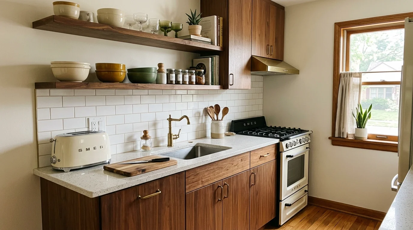 A small apartment kitchen with mid century elements, compact wood cabinets, open shelving, functional layout, neutral tones, soft lighting, slightly angled close-up shot, no people