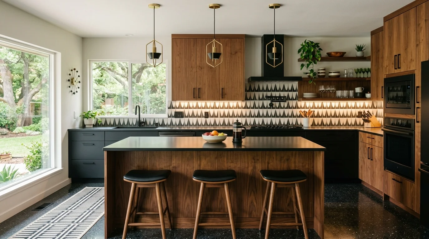 A mid century kitchen with a dramatic black and wood combination, sleek finishes, geometric decor accents, focused lighting, modern elegant vibe, front-facing shot, no people