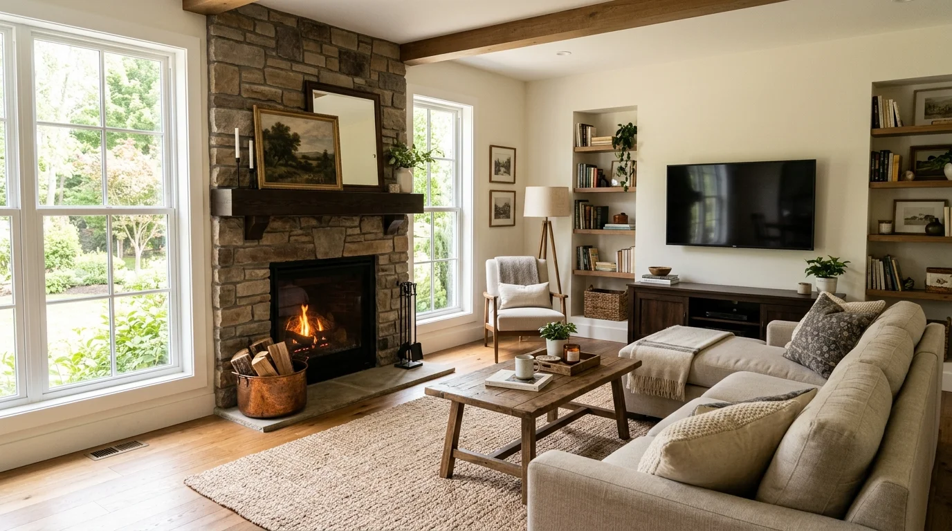 A living room with a fireplace on one side and a TV on the adjacent wall with seating arranged in an L shape bright natural daylight practical cozy design no people