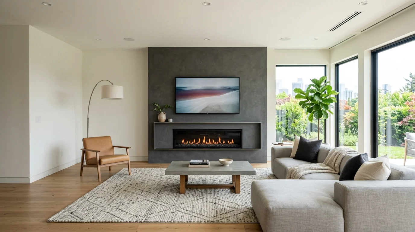 A modern living room with a sleek linear fireplace below a wall mounted TV and minimalist furniture bright lighting clean contemporary layout no people