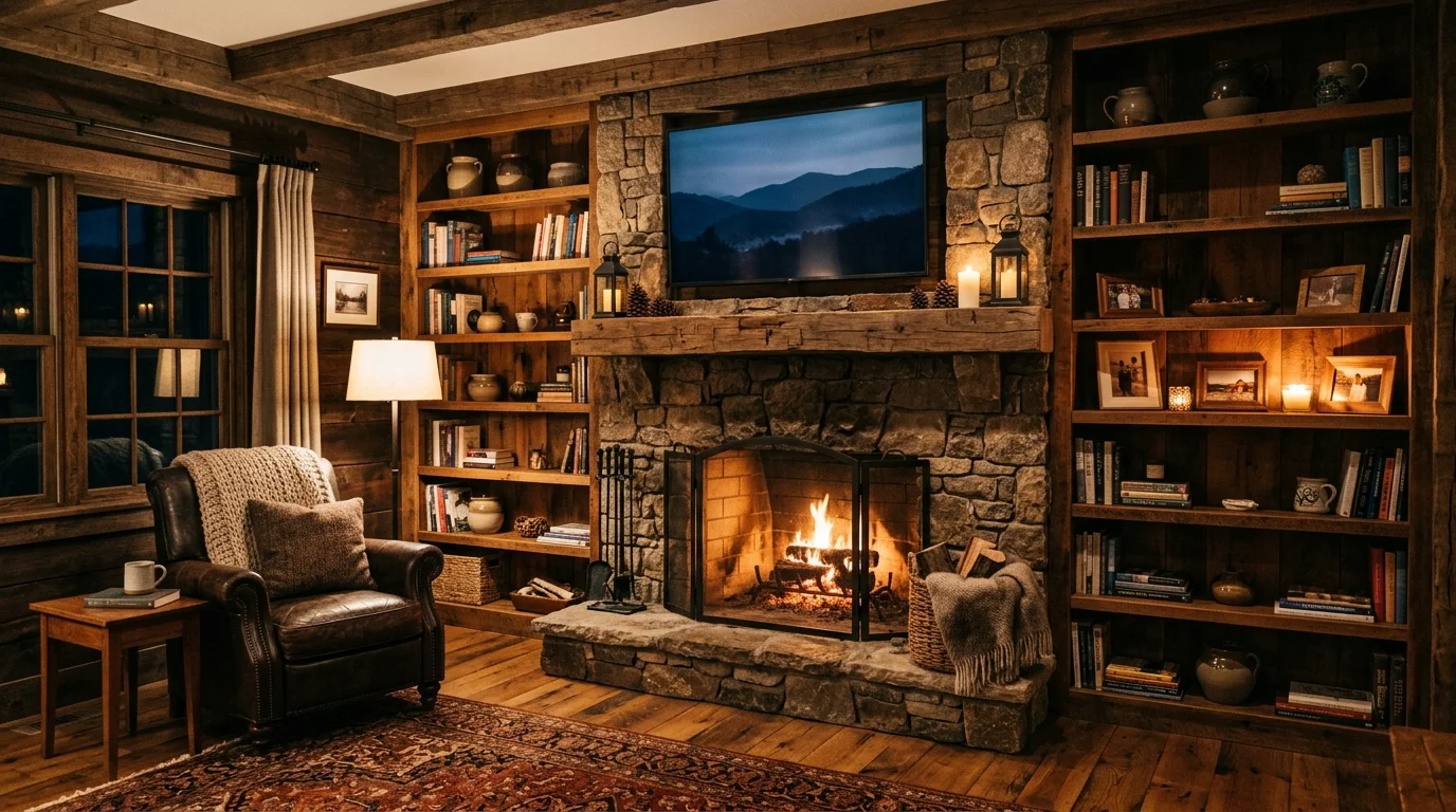 A rustic space with a stone fireplace and a TV mounted above surrounded by wooden shelving warm soft lighting inviting cozy atmosphere no people