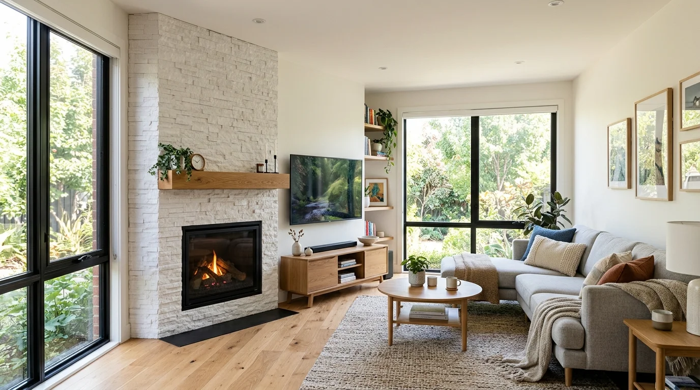 A living room with a corner fireplace and TV placed beside it with a sofa facing both bright natural light efficient space saving layout no people