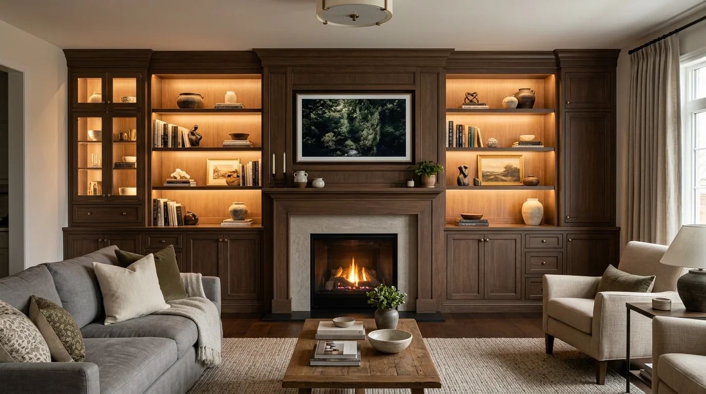 A room with built in cabinetry framing both the fireplace and TV creating a unified focal wall warm lighting elegant cohesive design no people