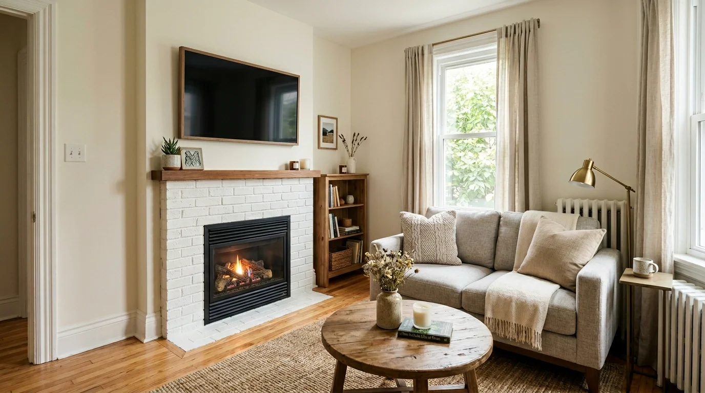 A small living room with a compact fireplace and TV mounted above paired with a loveseat bright lighting cozy space efficient setup no people