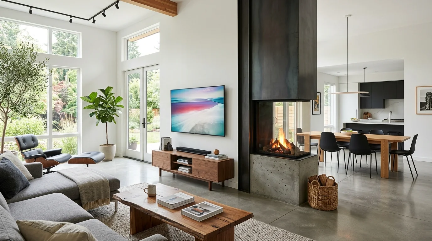 A living space with a double sided fireplace dividing the room and a TV placed on one side bright natural daylight modern open layout no people