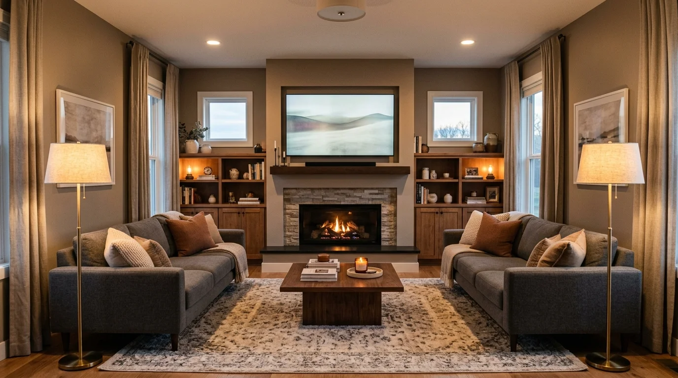 A living room with a low fireplace and TV mounted on the wall above with comfortable seating arranged symmetrically warm lighting balanced cozy design no people