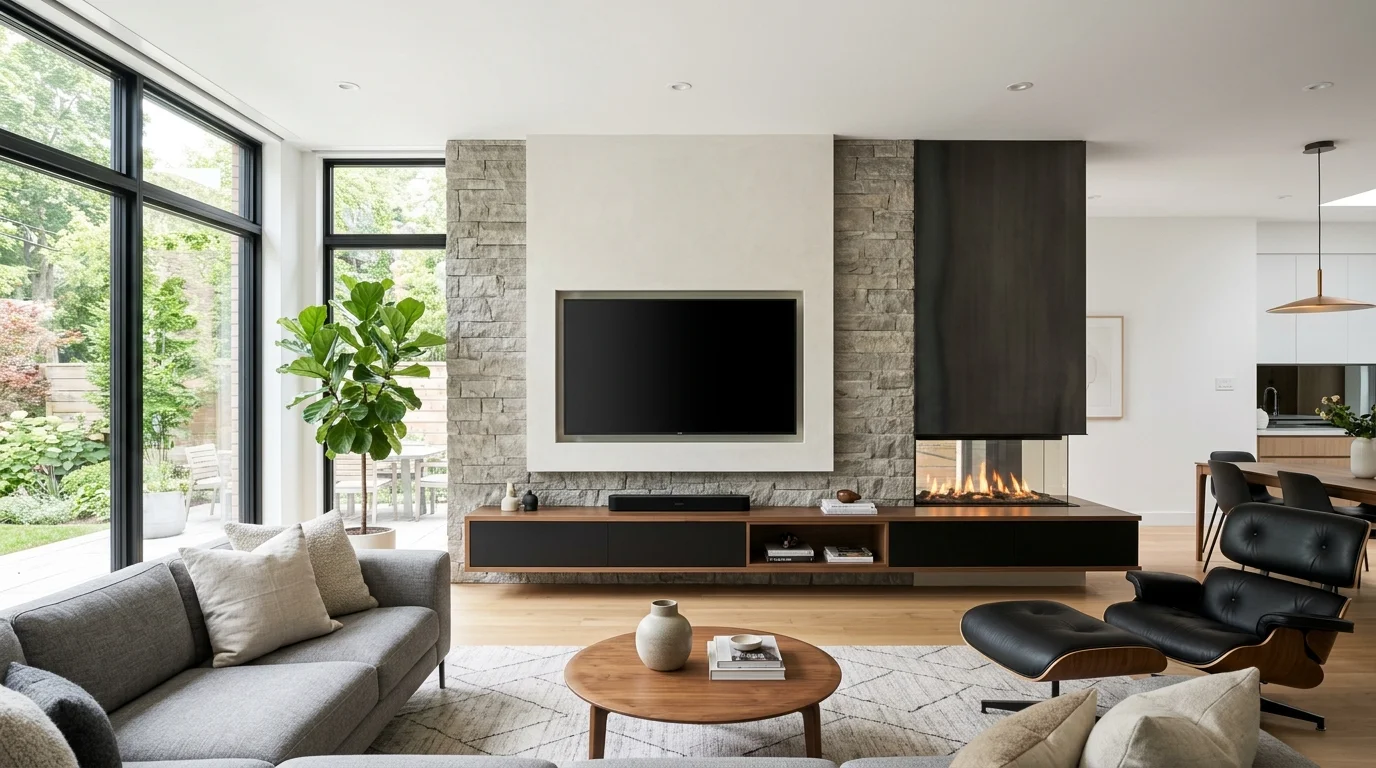 A contemporary room with a floating media unit below the TV and a fireplace integrated into the wall bright lighting sleek modern aesthetic no people