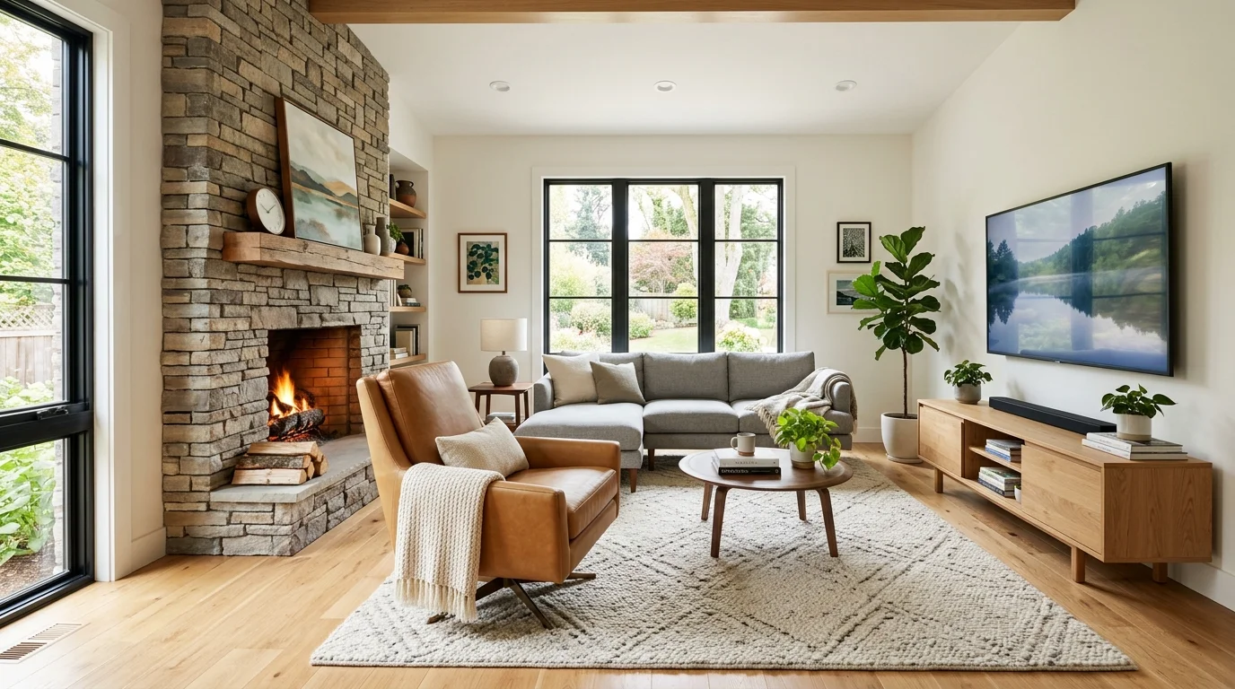 A living room with a fireplace and TV placed on separate walls with a swivel chair setup allowing flexible viewing bright natural light smart layout idea no people