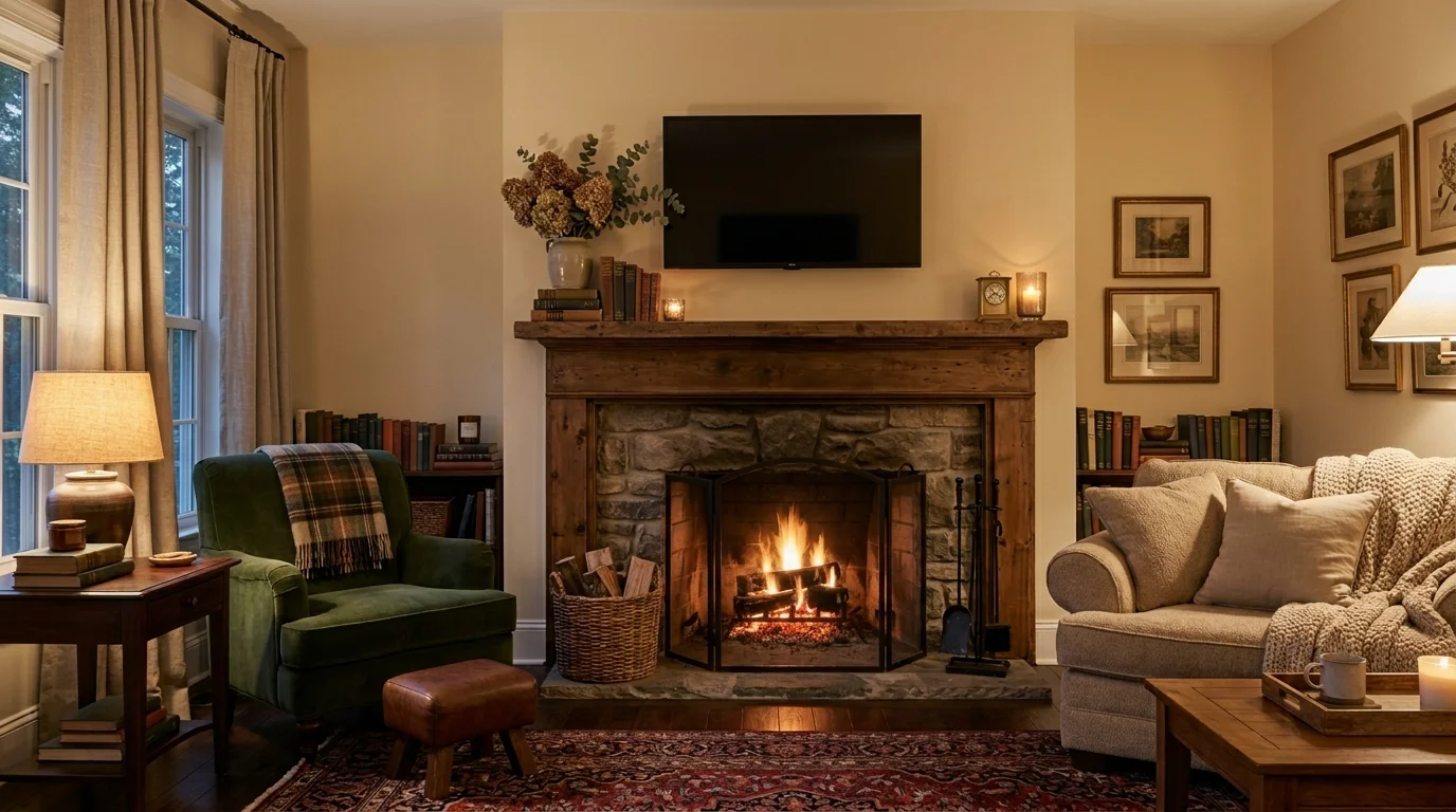 A cozy room with a traditional fireplace and TV placed above a wooden mantel with layered decor warm ambient lighting classic inviting feel no people
