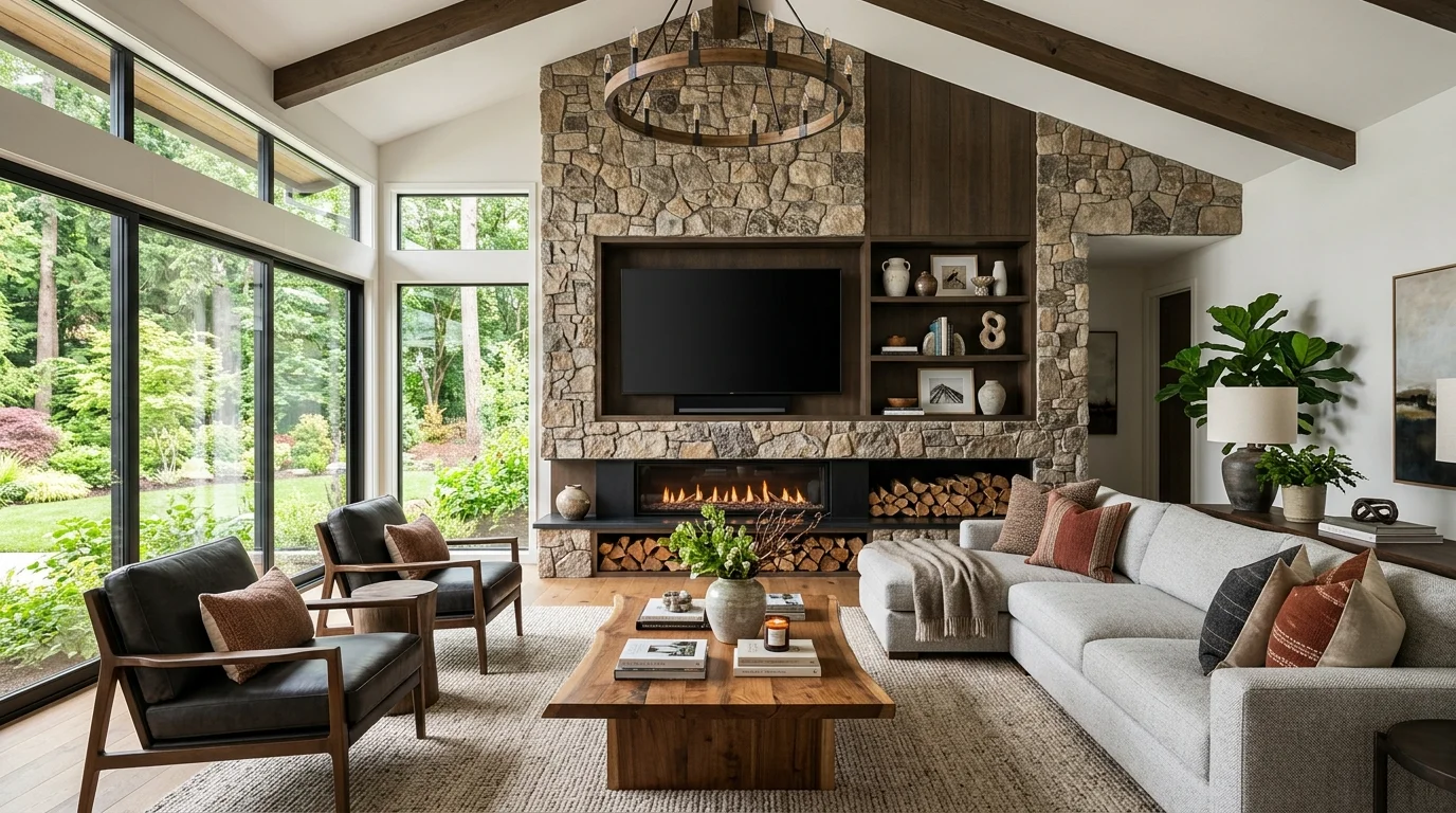 A spacious living room with a large fireplace feature wall and TV integrated into the design bright natural daylight luxurious cozy gathering space no people
