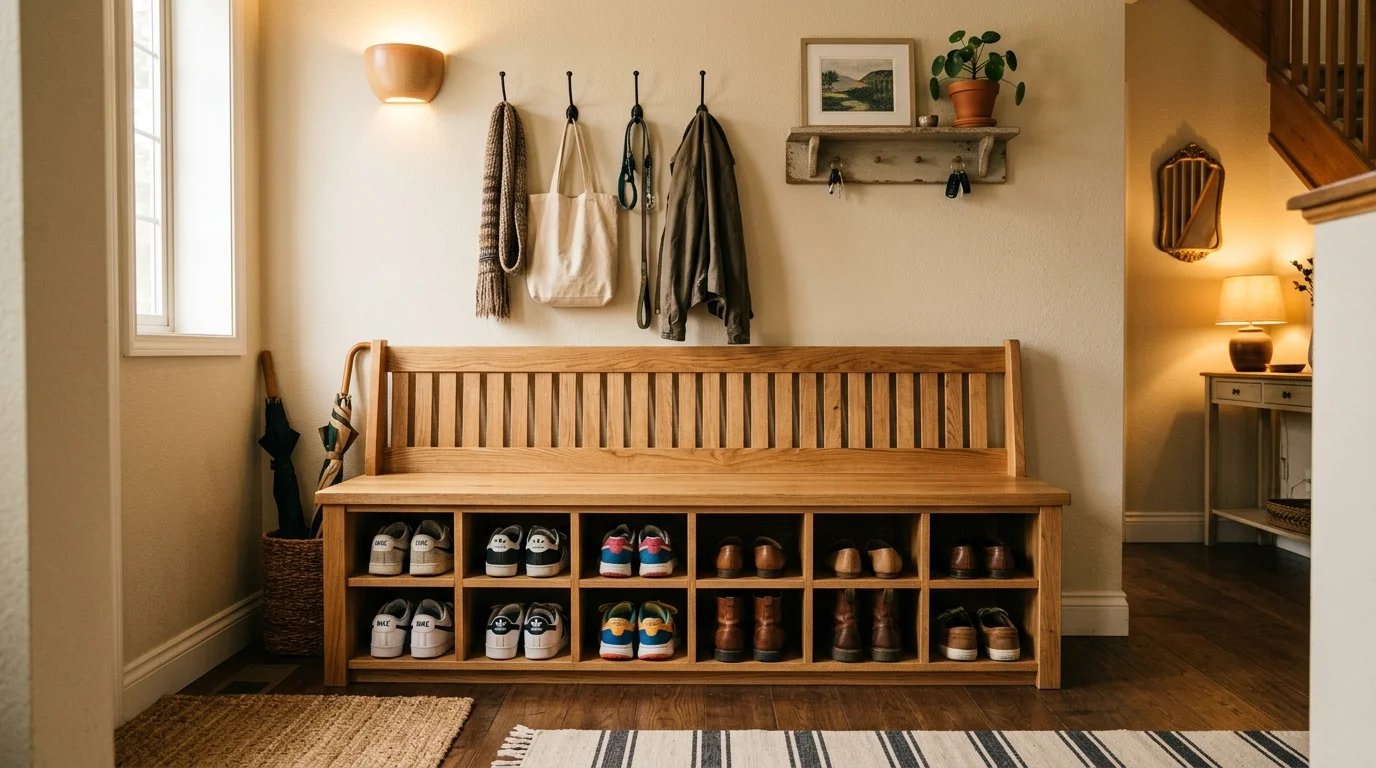 A bench with built in shoe storage underneath holding multiple pairs neatly warm soft lighting functional entry design no people