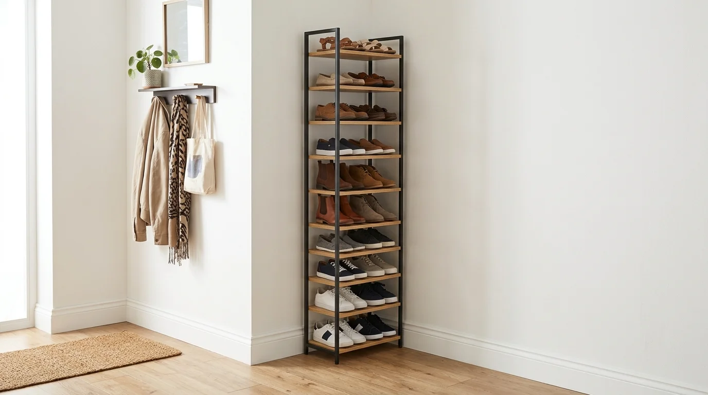 A vertical shoe rack placed in a corner maximizing space bright lighting compact storage solution no people