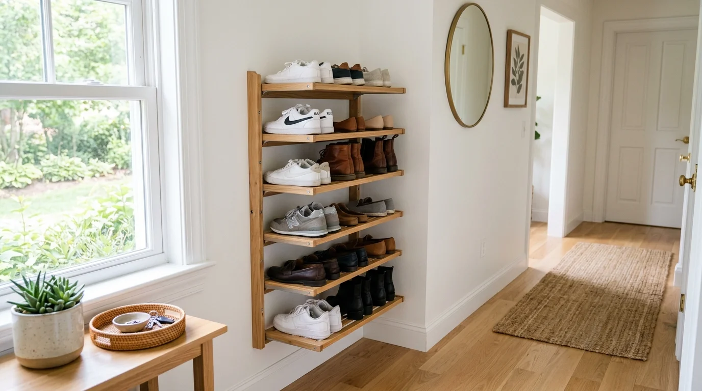 A wall mounted shoe rack keeping shoes off the floor bright natural light clean organized entryway no people