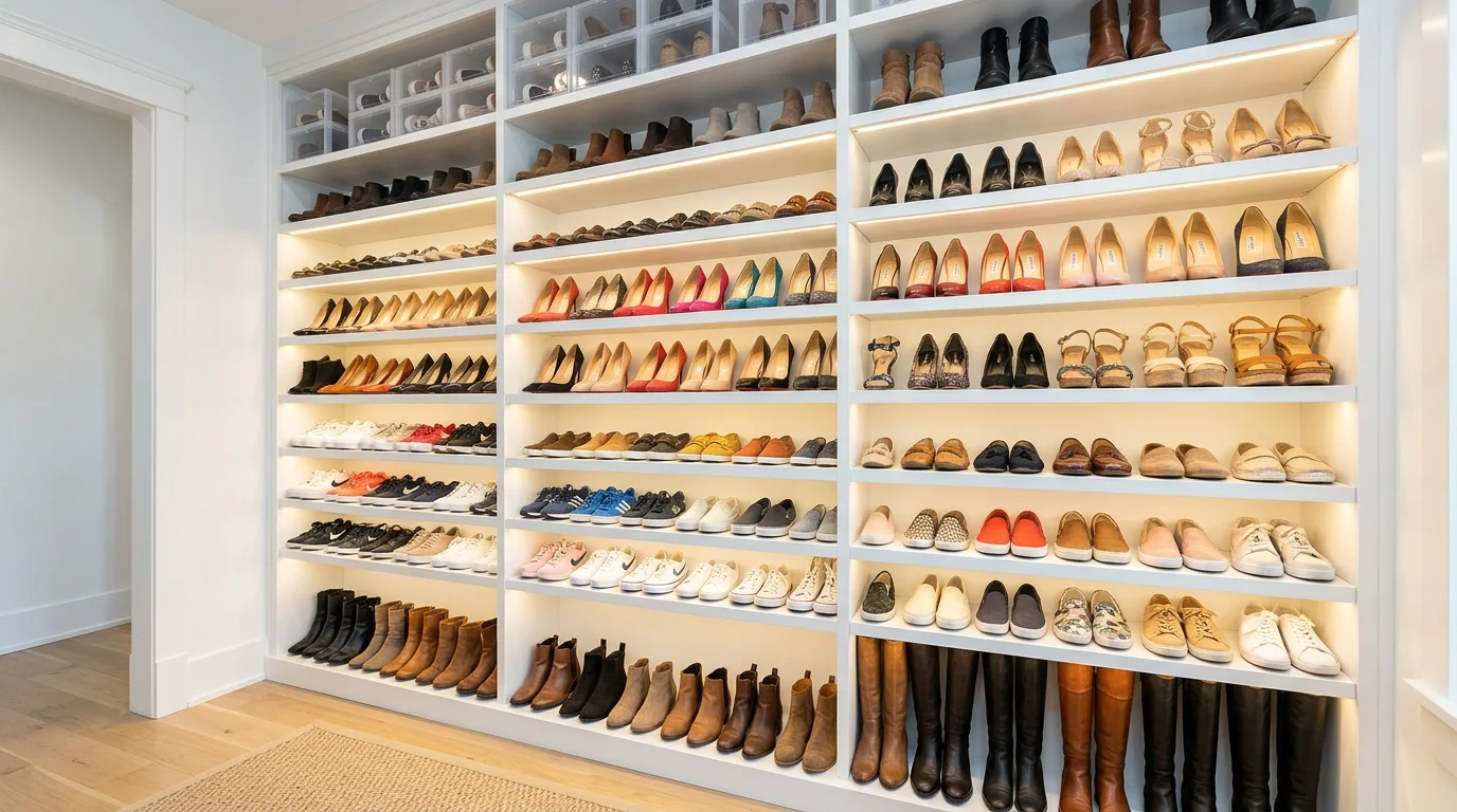A closet with shelves dedicated to shoe storage bright lighting structured organized system no people
