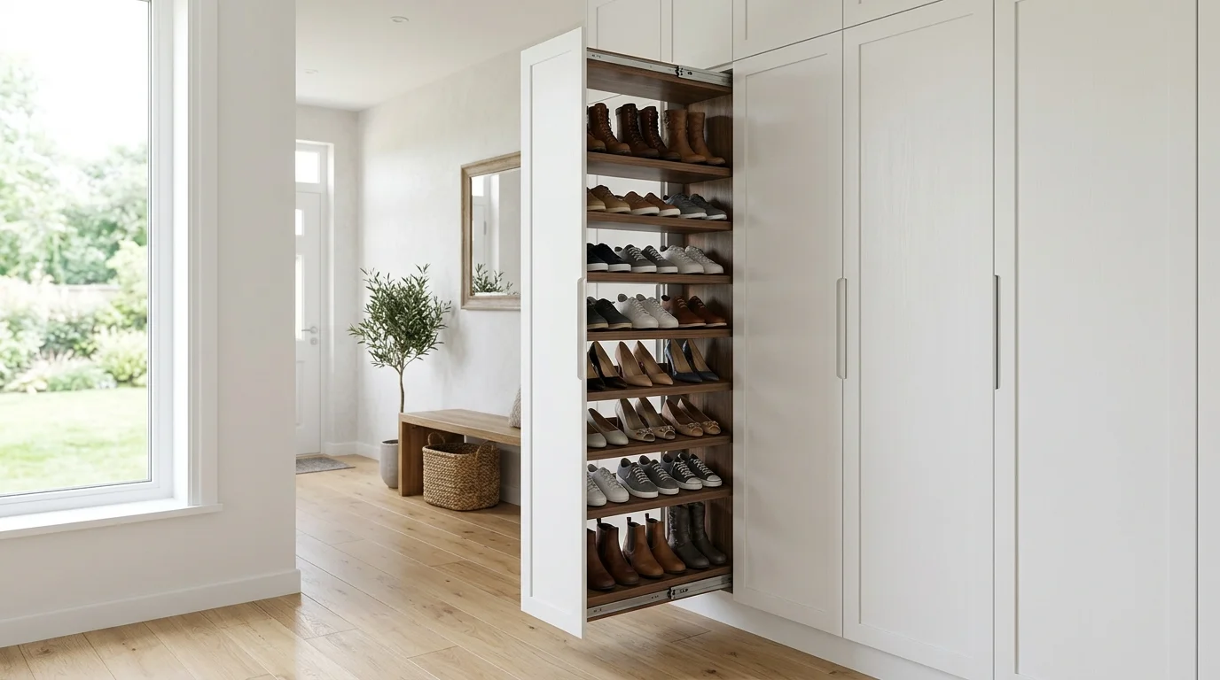 A pull out drawer system for shoes integrated into cabinetry bright natural daylight sleek hidden storage no people