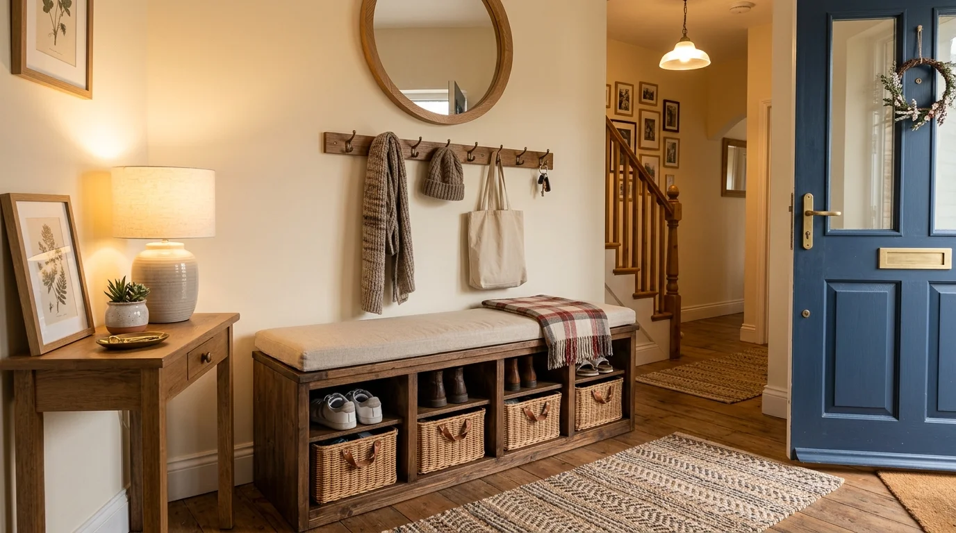 A shoe storage bench with baskets underneath for easy access warm lighting cozy organized entryway no people