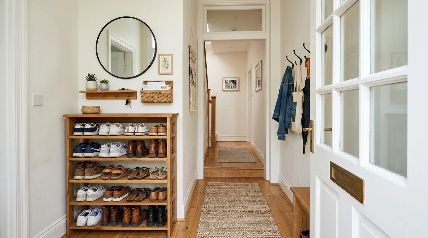 A narrow entryway with a multi tier shoe rack bright natural light efficient use of small space no people