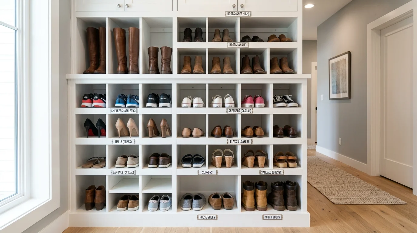 A cabinet with labeled sections for different types of shoes bright lighting practical organized design no people