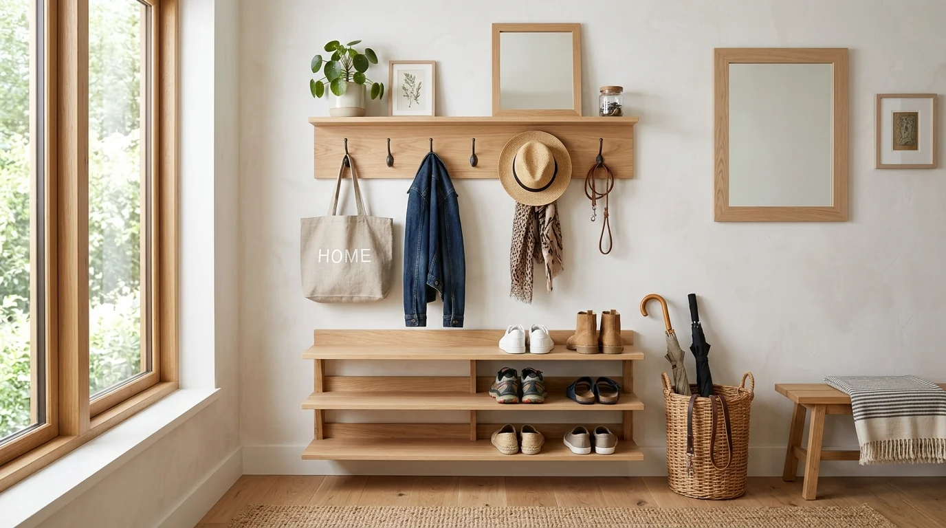 A wall with hooks and small shelves for shoes and accessories bright natural daylight functional stylish setup no people