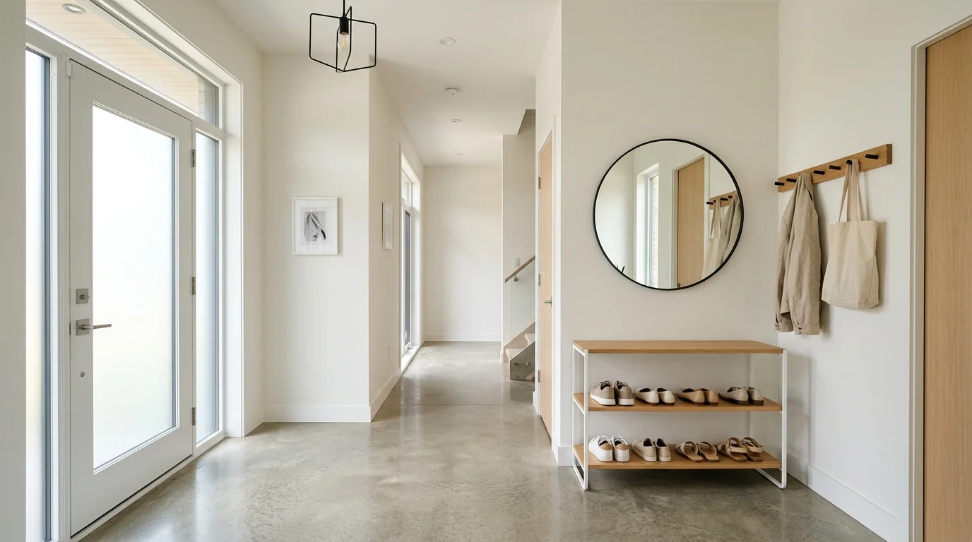 A modern entryway with a minimal shoe rack and clean lines bright lighting uncluttered aesthetic no people
