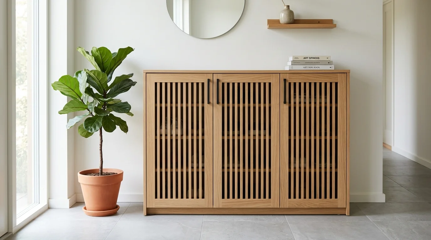 A storage unit with doors hiding shoes while maintaining a clean look bright natural light tidy solution no people