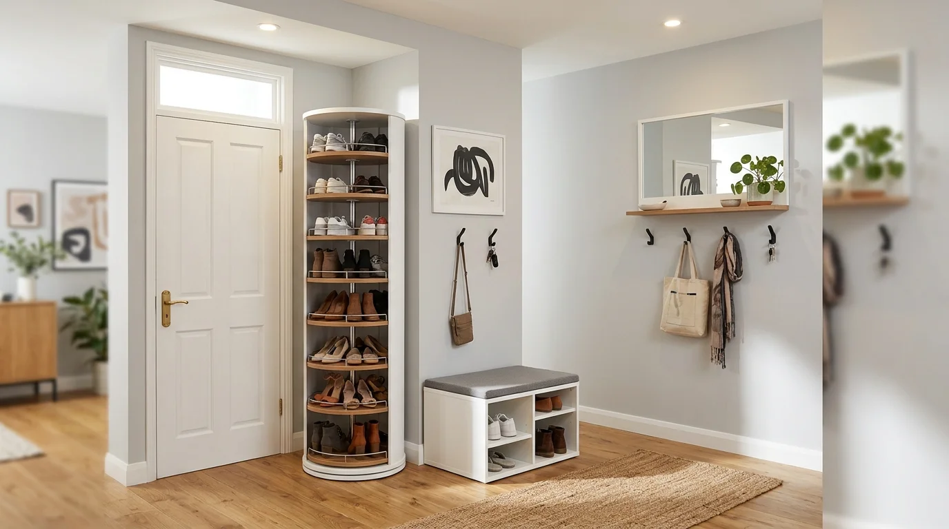 A small entry with a rotating shoe rack maximizing storage bright lighting innovative compact design no people