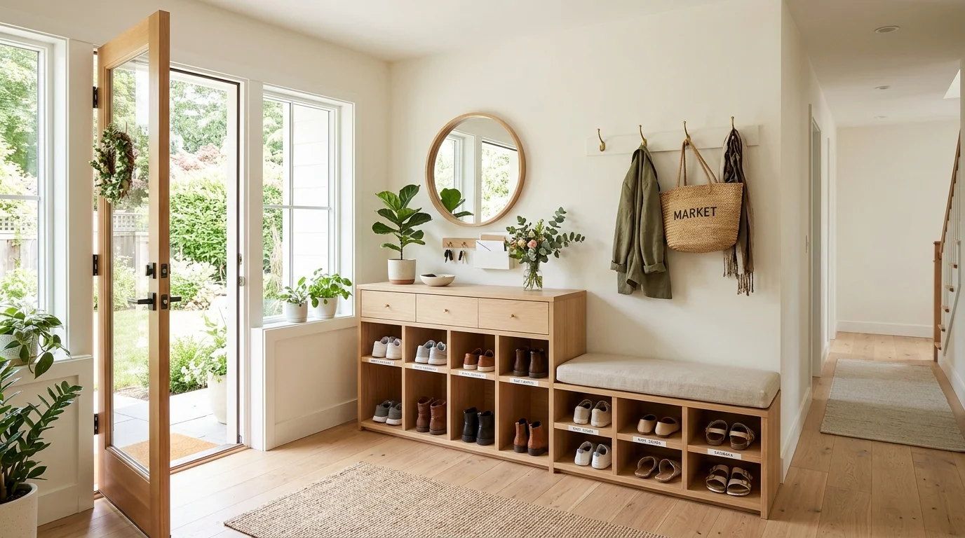 A well organized entryway with all shoes stored neatly in designated spaces bright natural daylight clutter free environment