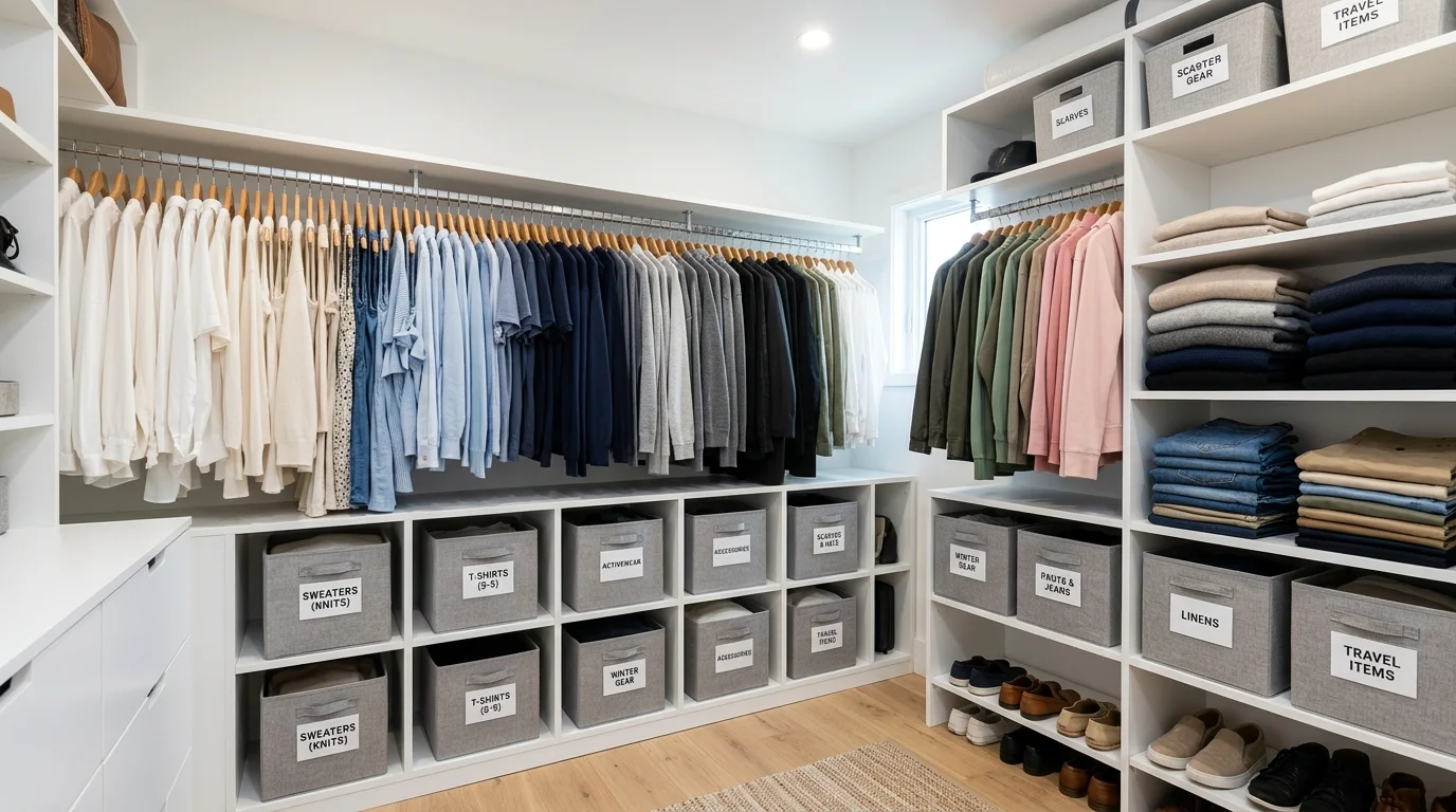 A closet with labeled storage boxes and neatly arranged clothes by color and type bright lighting efficient professional organization no people