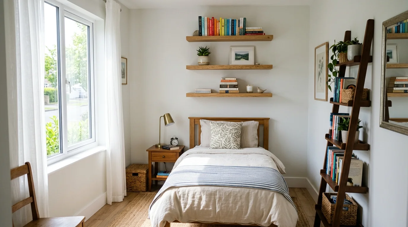 A small bedroom with floating shelves above the bed holding books and decor bright natural light utilizing vertical storage space no people
