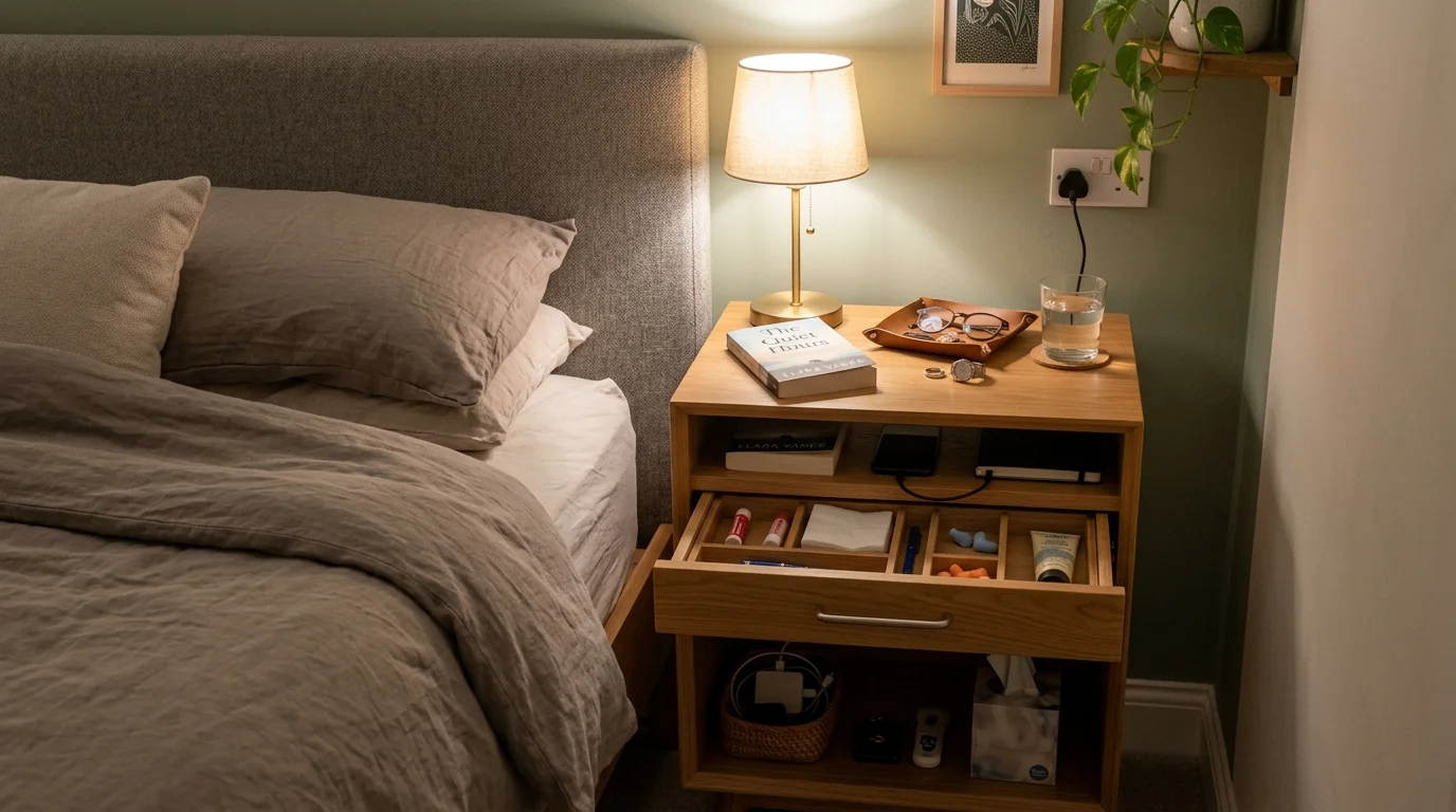 A bedside table with built in drawers and compartments storing essentials neatly soft lighting clutter free functional design no people