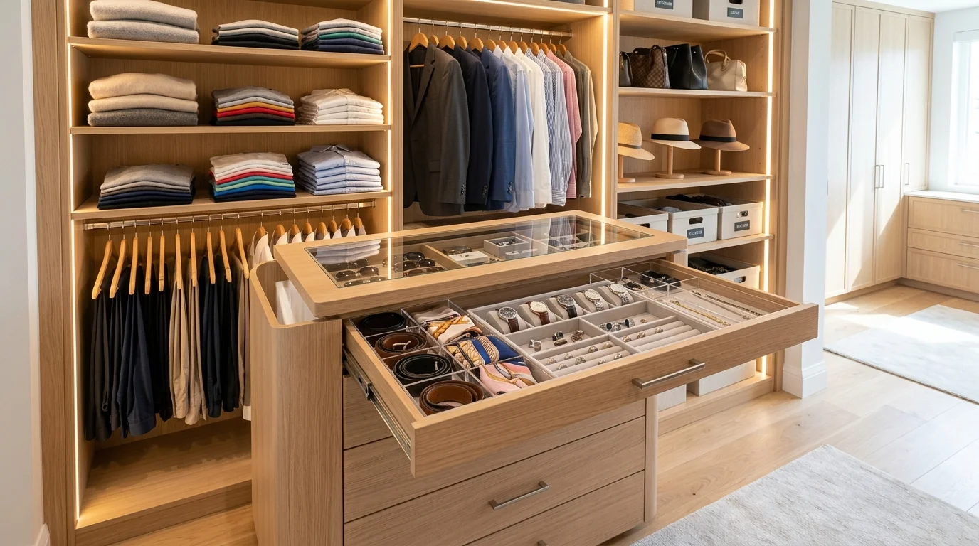 A wardrobe with pull out drawers and organizers separating accessories neatly bright lighting tidy streamlined storage no people