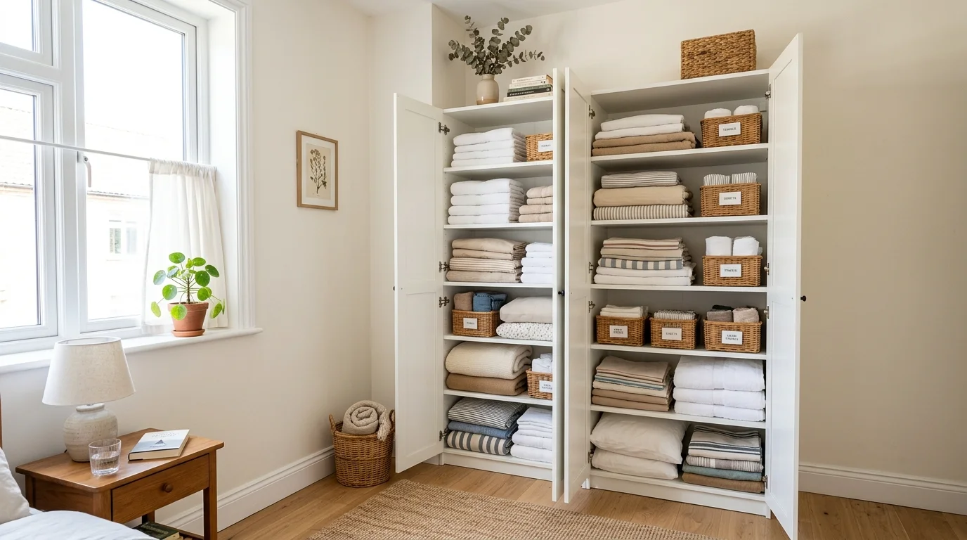 A bedroom corner with a tall storage cabinet holding folded linens and items bright lighting maximizing compact space no people