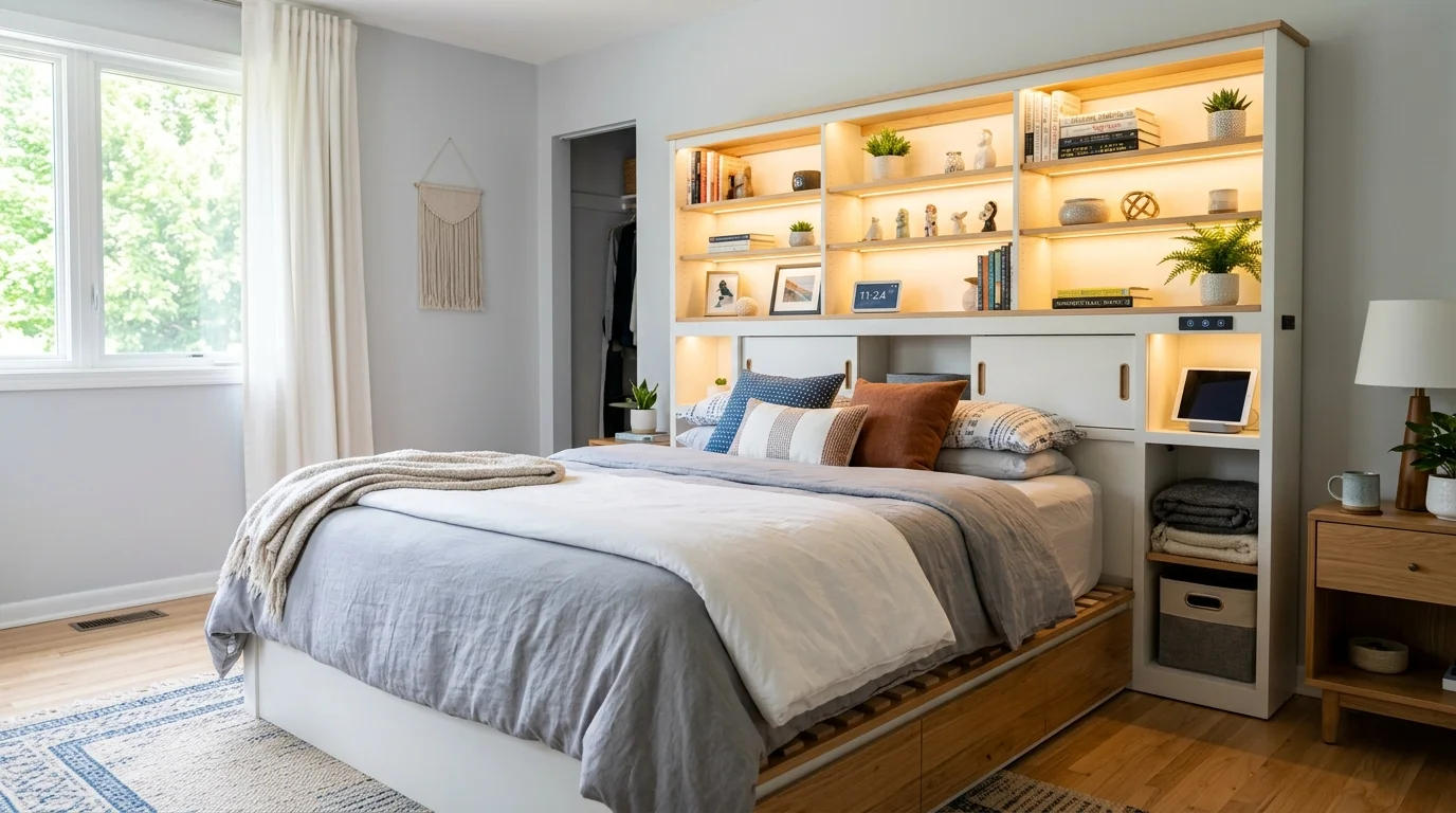 A bed with a storage headboard featuring built in shelves and compartments bright lighting smart multifunctional furniture no people